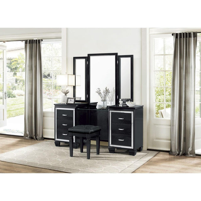 Allura Black Faux Alligator Embossed Wood And Engineered Wood Vanity Dresser With Mirror - Ella Furniture