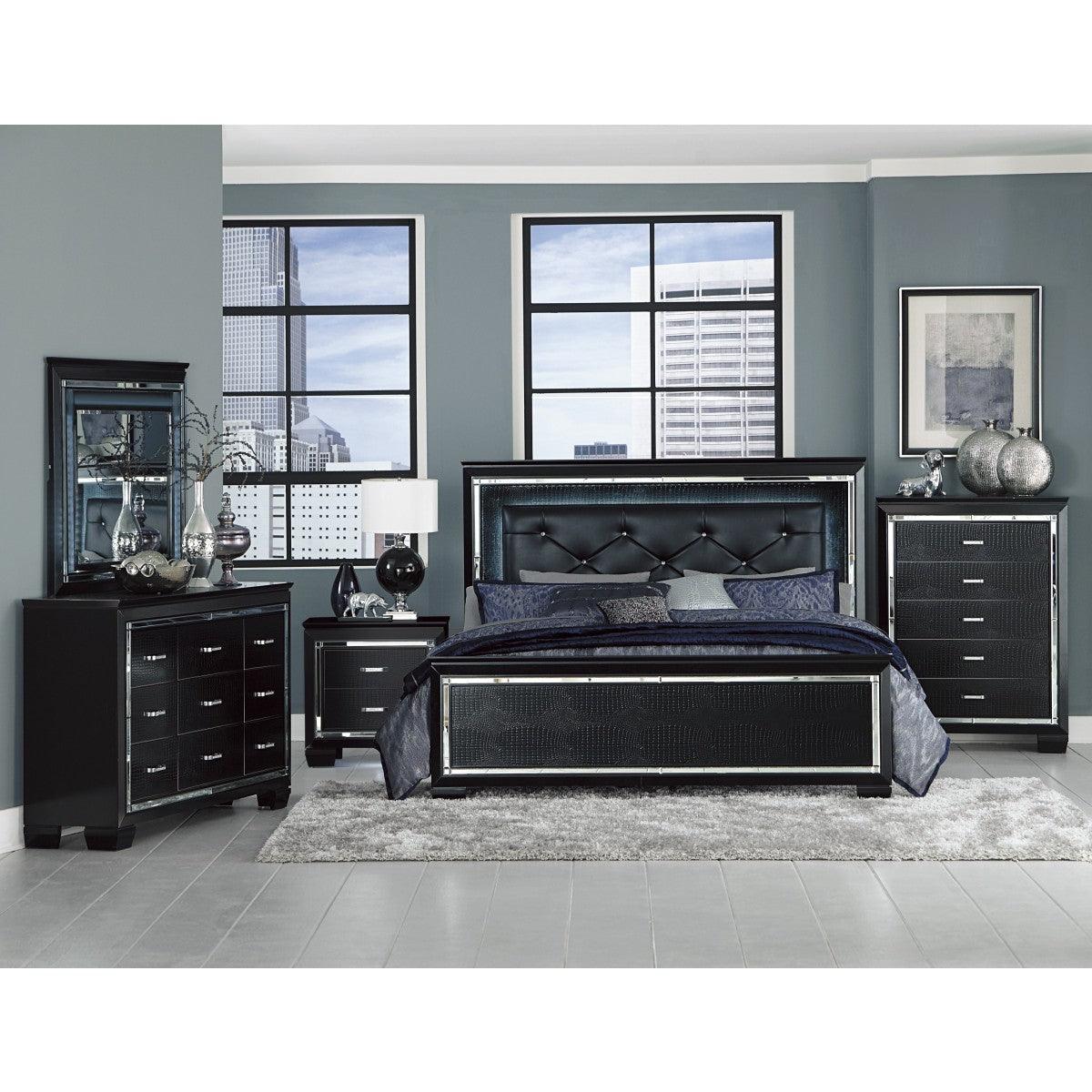 Allura Black Contemporary Wood Faux Leather Upholstered Tufted Queen Panel Bed, LED Lighting - Ella Furniture