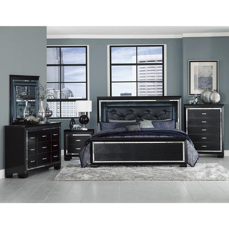 Allura Black Wood And Engineered Wood Youth Full Faux Leather Upholstered Tufted LED Panel Bed - Ella Furniture