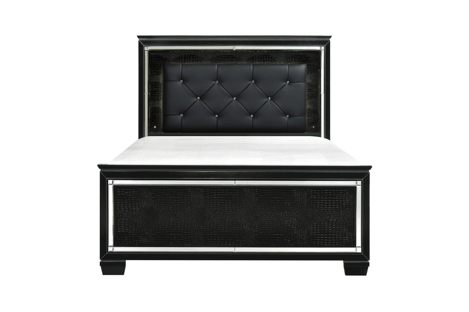 Allura Black Glamour Contemporary Solid Wood Faux Leather Upholstered Tufted LED Panel Bedroom Set - Ella Furniture