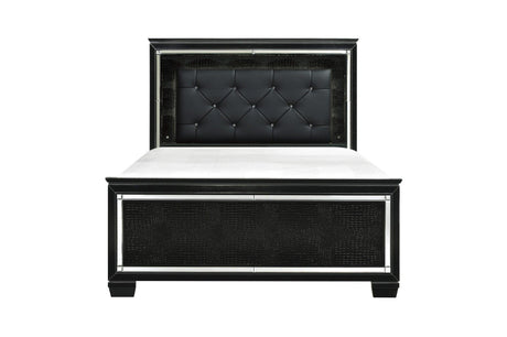Allura Black Glamour Contemporary Solid Wood Faux Leather Upholstered Tufted LED Panel Bedroom Set - Ella Furniture