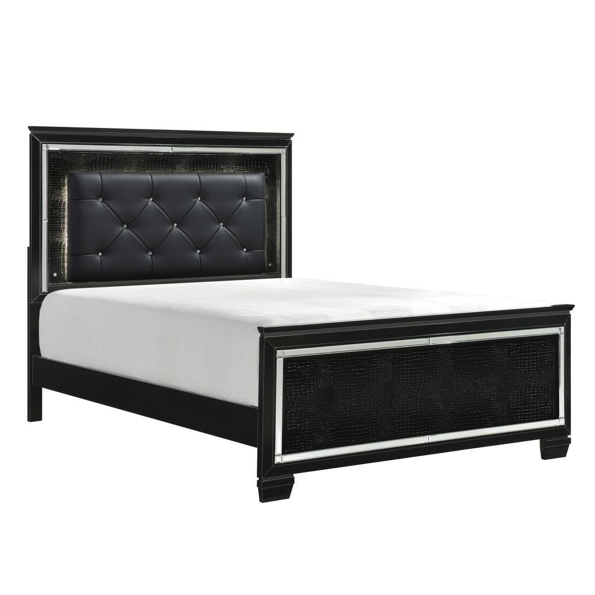 Allura Black Contemporary Wood Faux Leather Upholstered Tufted Queen Panel Bed, LED Lighting - Ella Furniture