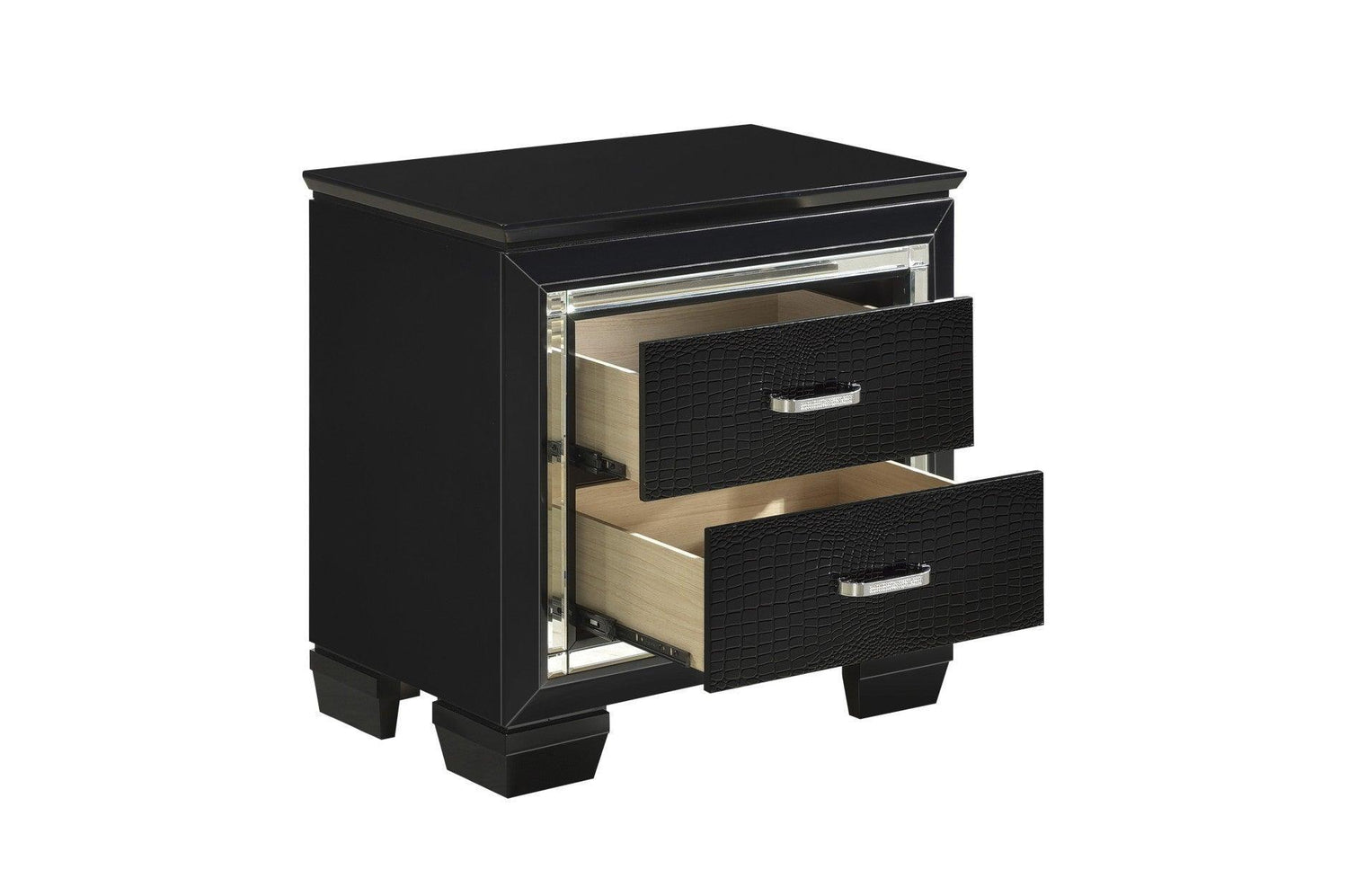 Allura Black Glamour Contemporary Solid Wood Faux Leather Upholstered Tufted LED Panel Bedroom Set - Ella Furniture