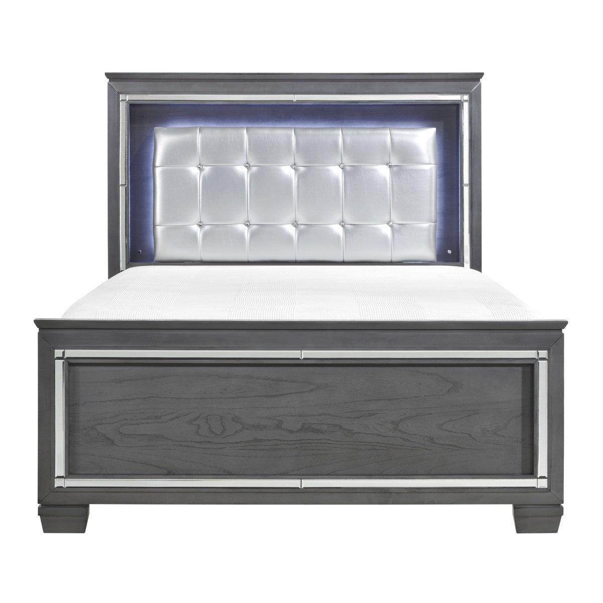 Allura Gray Contemporary Wood And Engineered Wood Faux Leather Upholstered Tufted King LED Bed - Ella Furniture