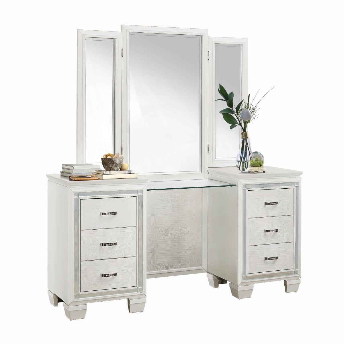 Allura White Faux Alligator Embossed Wood And Engineered Wood Vanity Dresser With Mirror - Ella Furniture