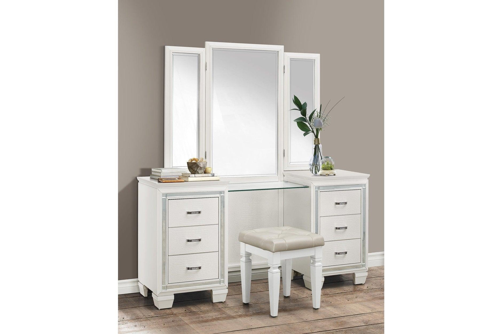 Allura White Modern Contemporary Solid Wood Faux Leather Upholstered Tufted LED Panel Bedroom Set - Ella Furniture