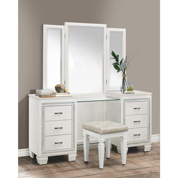 Allura White Faux Alligator Embossed Wood And Engineered Wood Vanity Dresser With Mirror - Ella Furniture