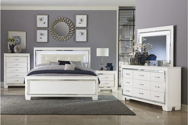 Allura White Modern Contemporary Solid Wood Faux Leather Upholstered Tufted LED Panel Bedroom Set - Ella Furniture