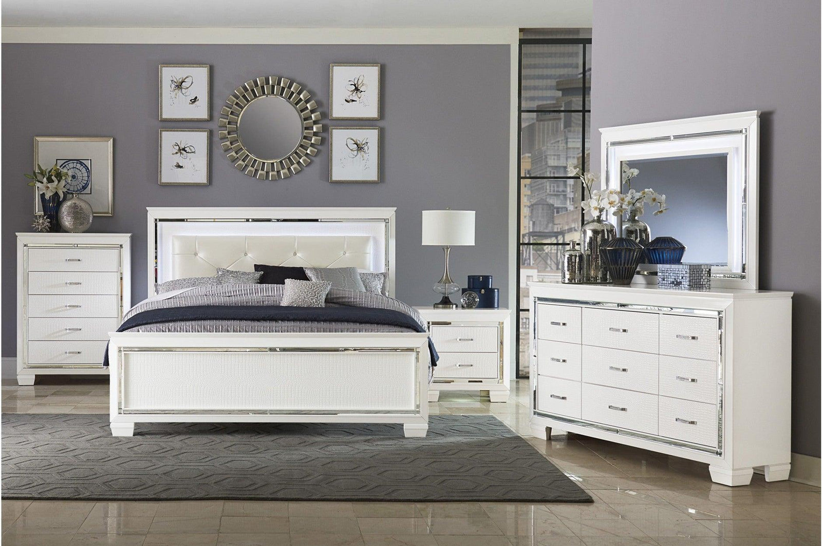 Allura White Modern Contemporary Solid Wood Faux Leather Upholstered Tufted LED Panel Bedroom Set - Ella Furniture