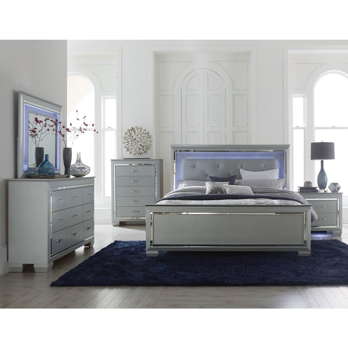 Allura Silver Contemporary Wood And Engineered Wood Faux Leather Upholstered Tufted King LED Bed - Ella Furniture