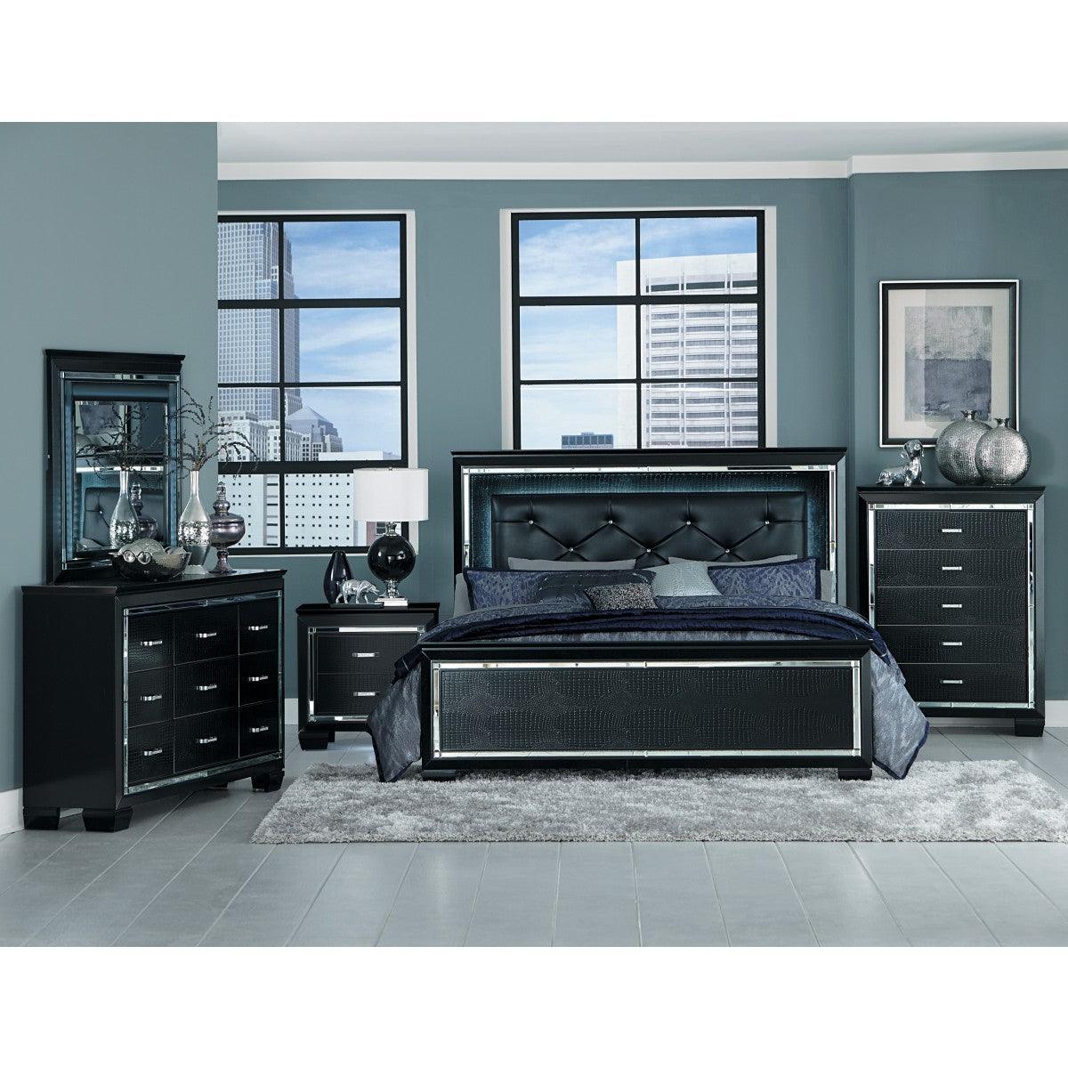 Allura Black Contemporary Wood And Engineered Wood Faux Leather Upholstered Tufted King LED Bed - Ella Furniture