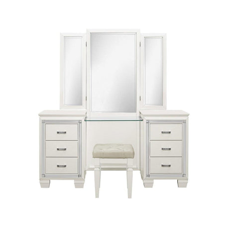 Allura White Faux Alligator Embossed Wood And Engineered Wood Vanity Dresser With Mirror - Ella Furniture