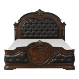 Antoinetta Brown Traditional Cherry Veneer Wood Faux Leather Upholstered Tufted Queen Panel Bed - Ella Furniture