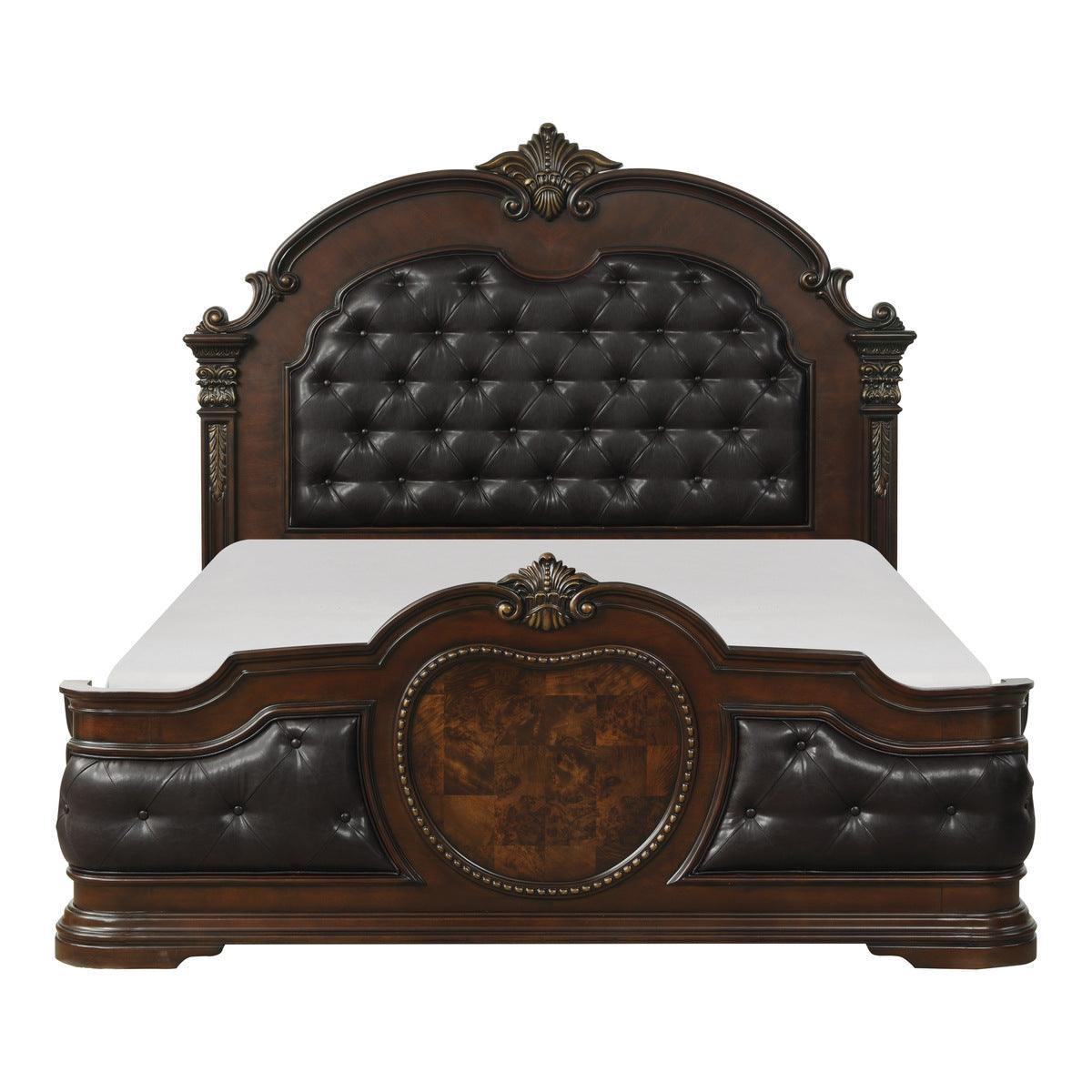Antoinetta Brown Traditional Cherry Veneer Wood Faux Leather Upholstered Tufted Queen Panel Bed - Ella Furniture