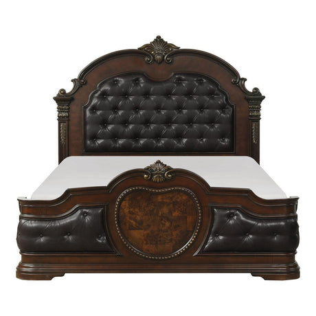 Antoinetta Brown Traditional Cherry Veneer Wood Faux Leather Upholstered Tufted Queen Panel Bed - Ella Furniture
