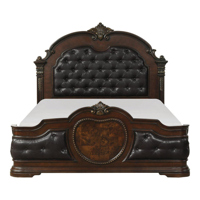 Antoinetta Brown Traditional Cherry Veneer Wood Faux Leather Upholstered Tufted Queen Panel Bed - Ella Furniture