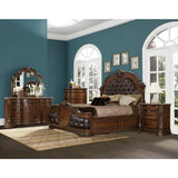 Antoinetta Brown Traditional Cherry Veneer Wood Faux Leather Upholstered Tufted Queen Panel Bed - Ella Furniture
