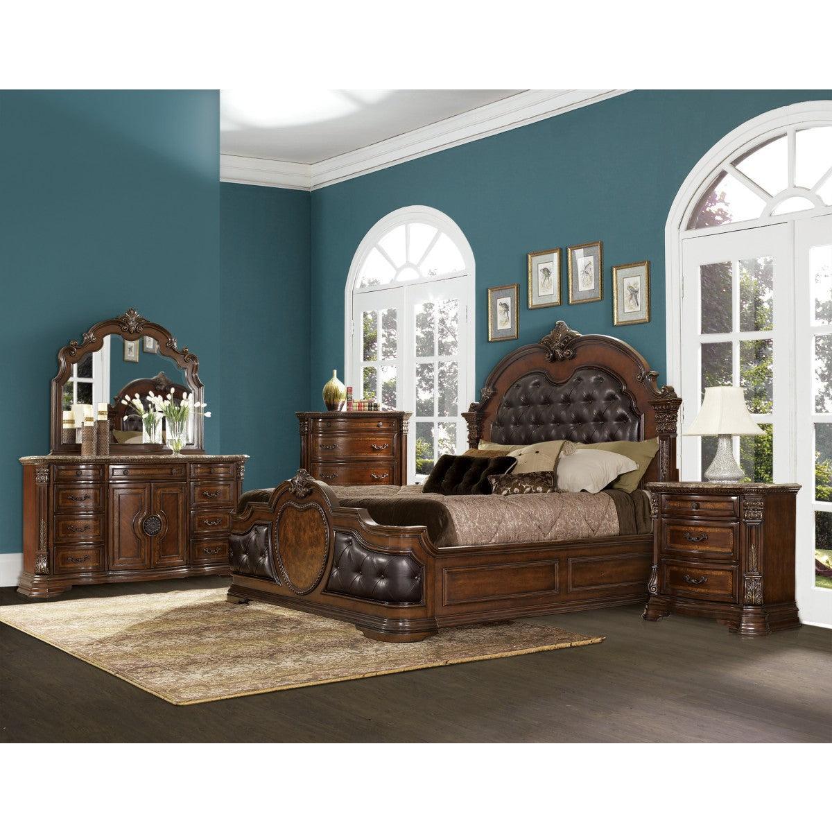 Antoinetta Brown Traditional Cherry Veneer Wood Faux Leather Upholstered Tufted Queen Panel Bed - Ella Furniture