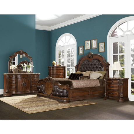 Antoinetta Brown Traditional Cherry Veneer Wood Faux Leather Upholstered Tufted Queen Panel Bed - Ella Furniture