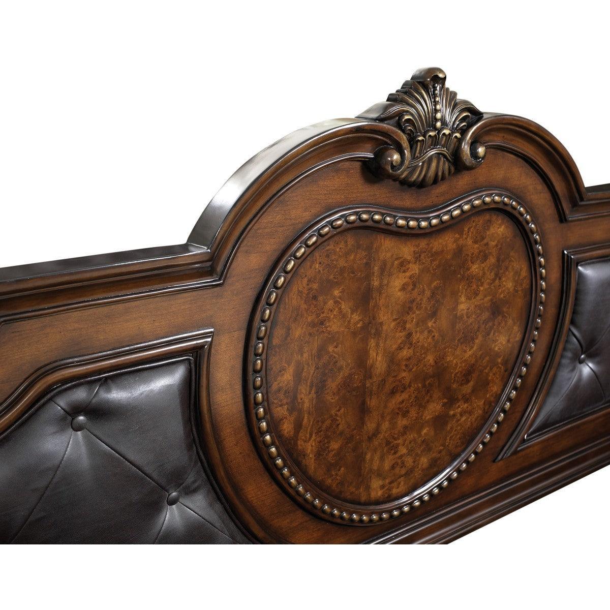 Antoinetta Brown Traditional Cherry Veneer Wood Faux Leather Upholstered Tufted Queen Panel Bed - Ella Furniture