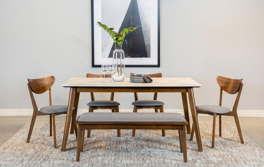 Everett Faux Marble Top Dining Table Natural Walnut And White - Ella Furniture
