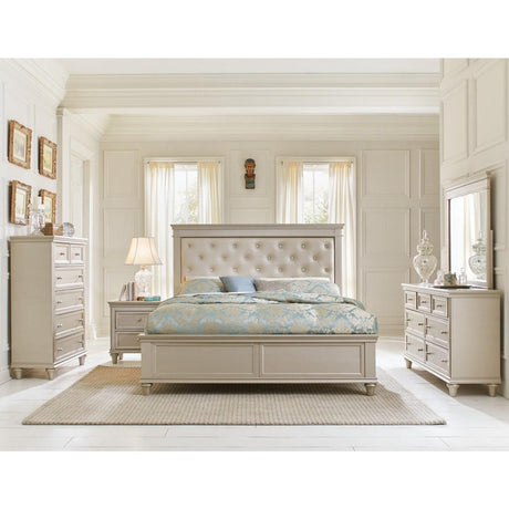 Celandine Off-white Contemporary Solid Wood Button-tufted Faux Leather Upholstered Panel Queen Bed - Ella Furniture