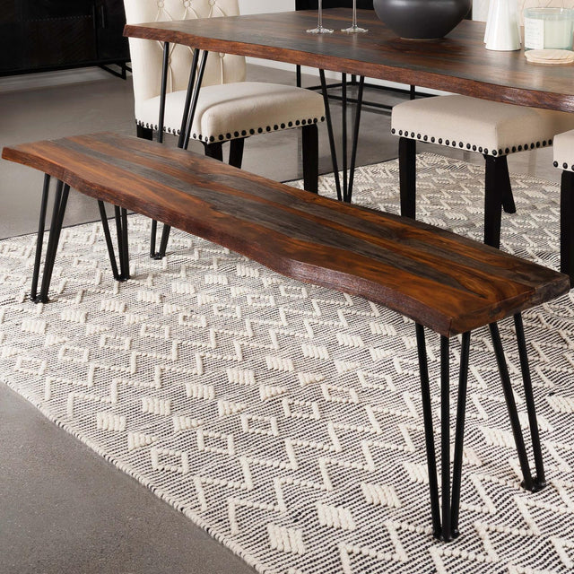 Neve Live-edge Dining Bench With Hairpin Legs Sheesham Grey And Gunmetal - Ella Furniture