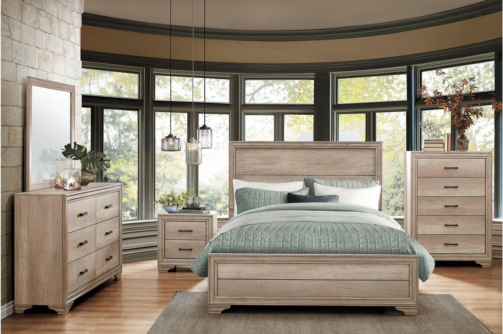 Lonan Rustic Melamine Laminate Modern Contemporary Solid Pine Wood Panel Bedroom Set - Ella Furniture