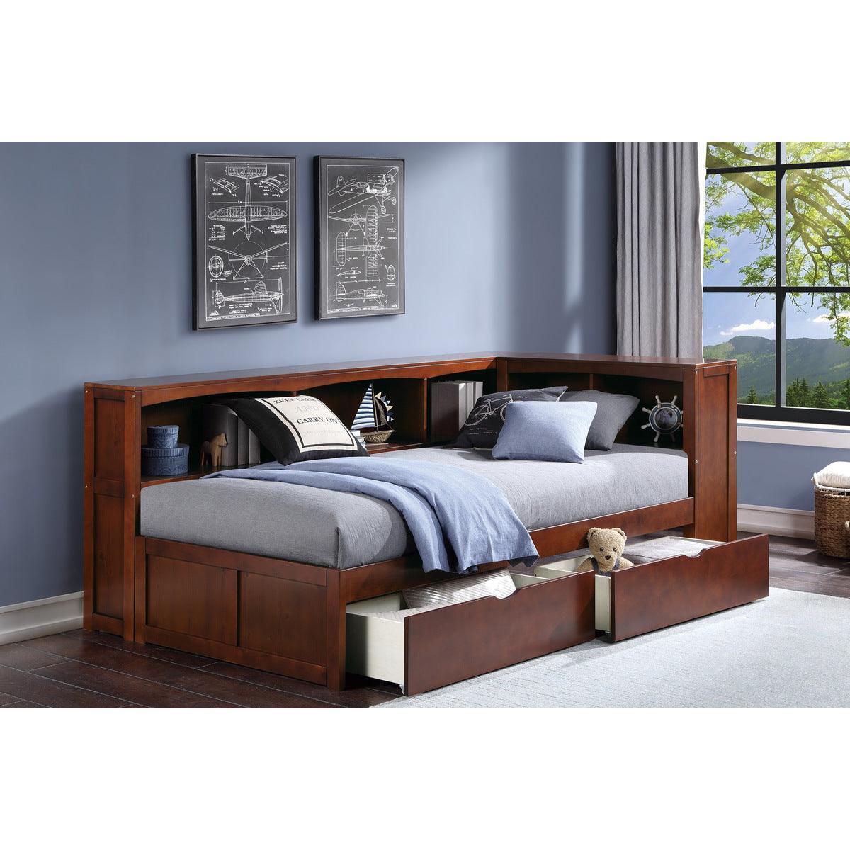 Rowe Dark Cherry Pine Veneer, Wood, Engineered Wood Twin Bookcase Corner Bed With Storage Boxes - Ella Furniture