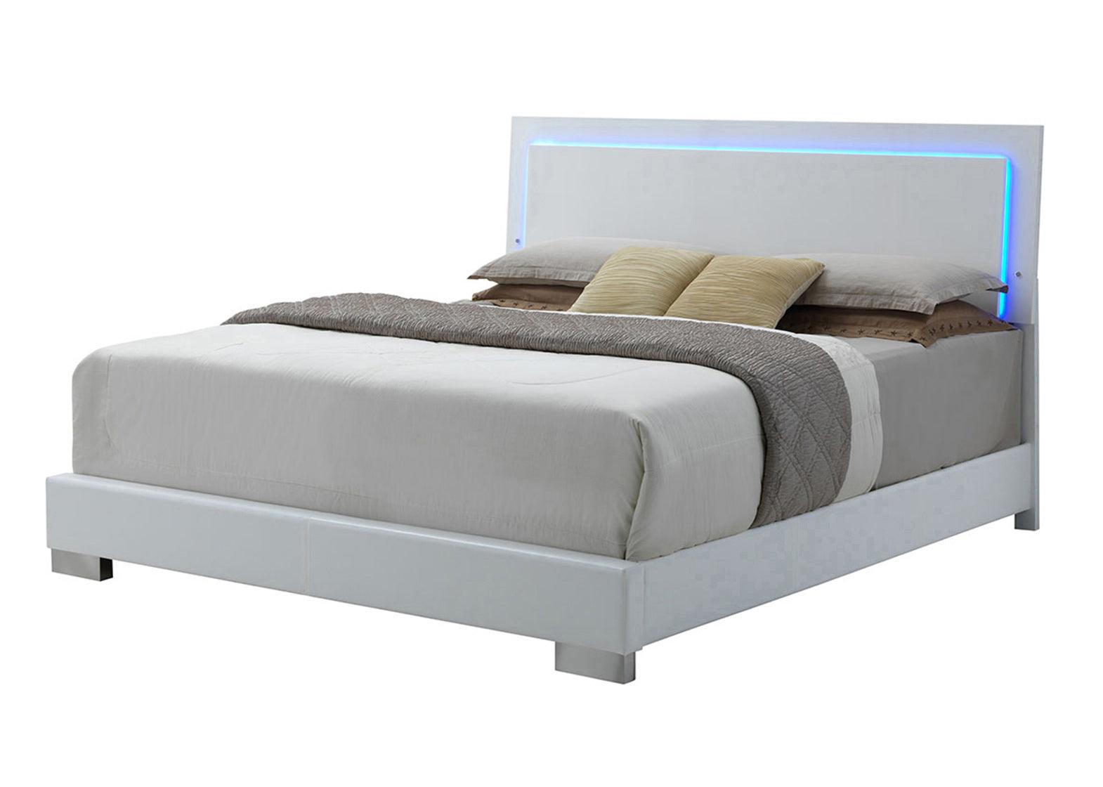 Felicity Eastern King Panel Bed With LED Lighting Glossy White - Ella Furniture