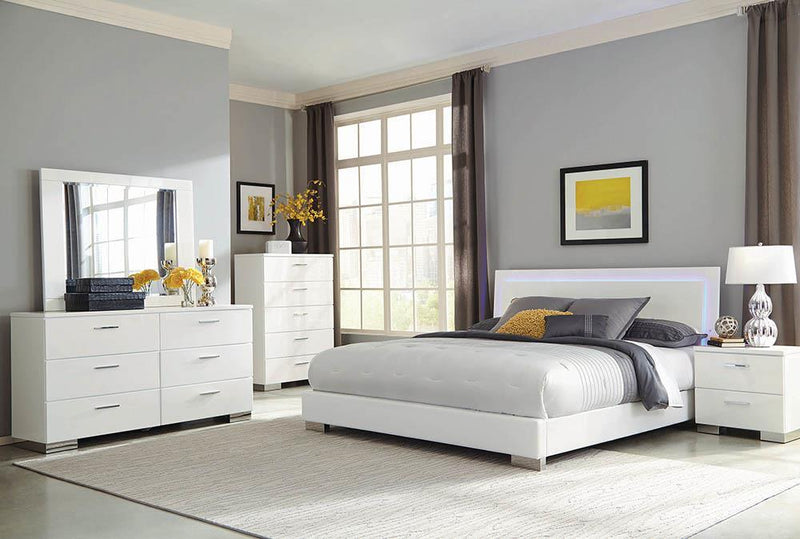 Felicity Eastern King Panel Bed With LED Lighting Glossy White - Ella Furniture
