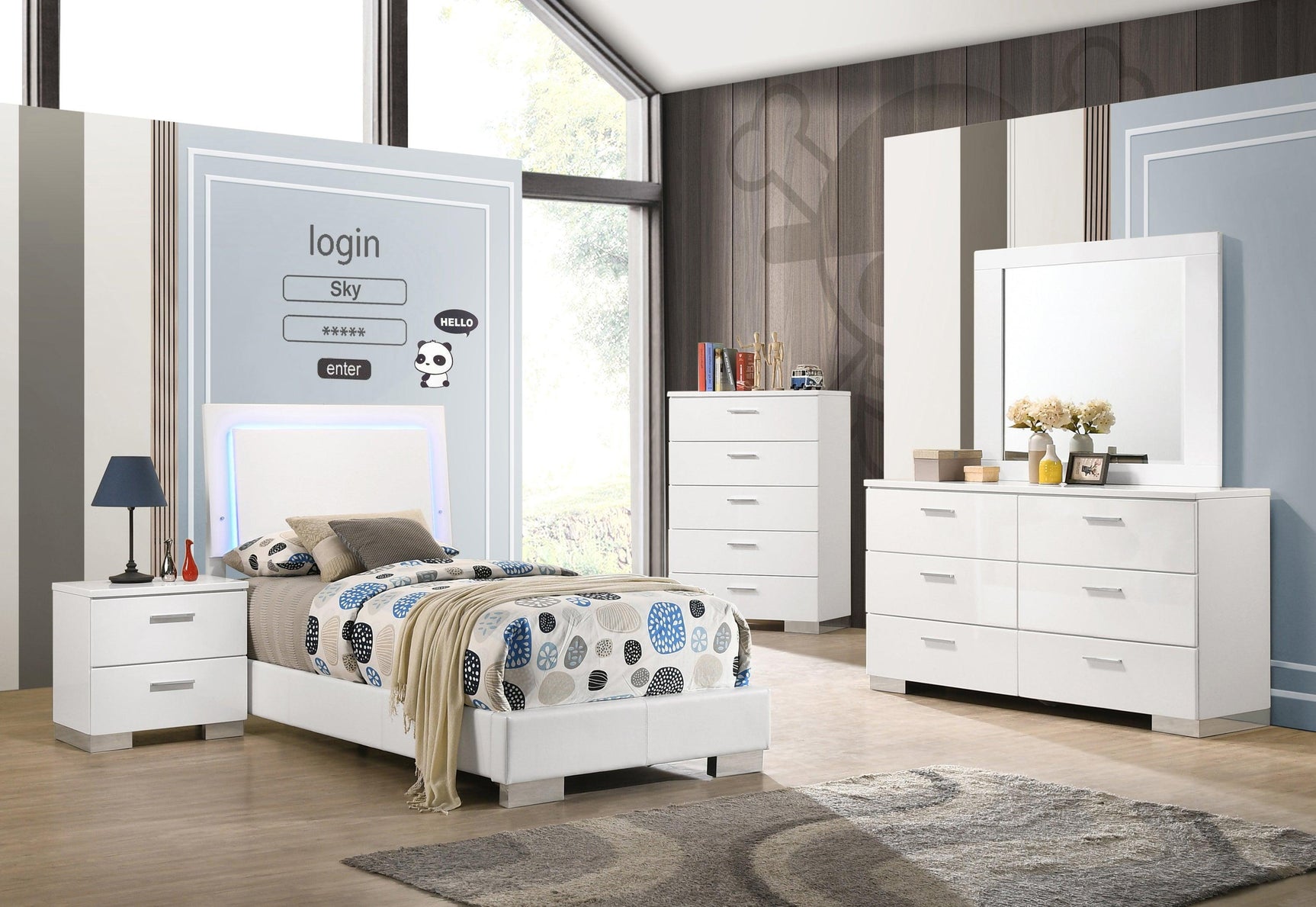 Felicity Twin Panel Bed With LED Lighting Glossy White - Ella Furniture