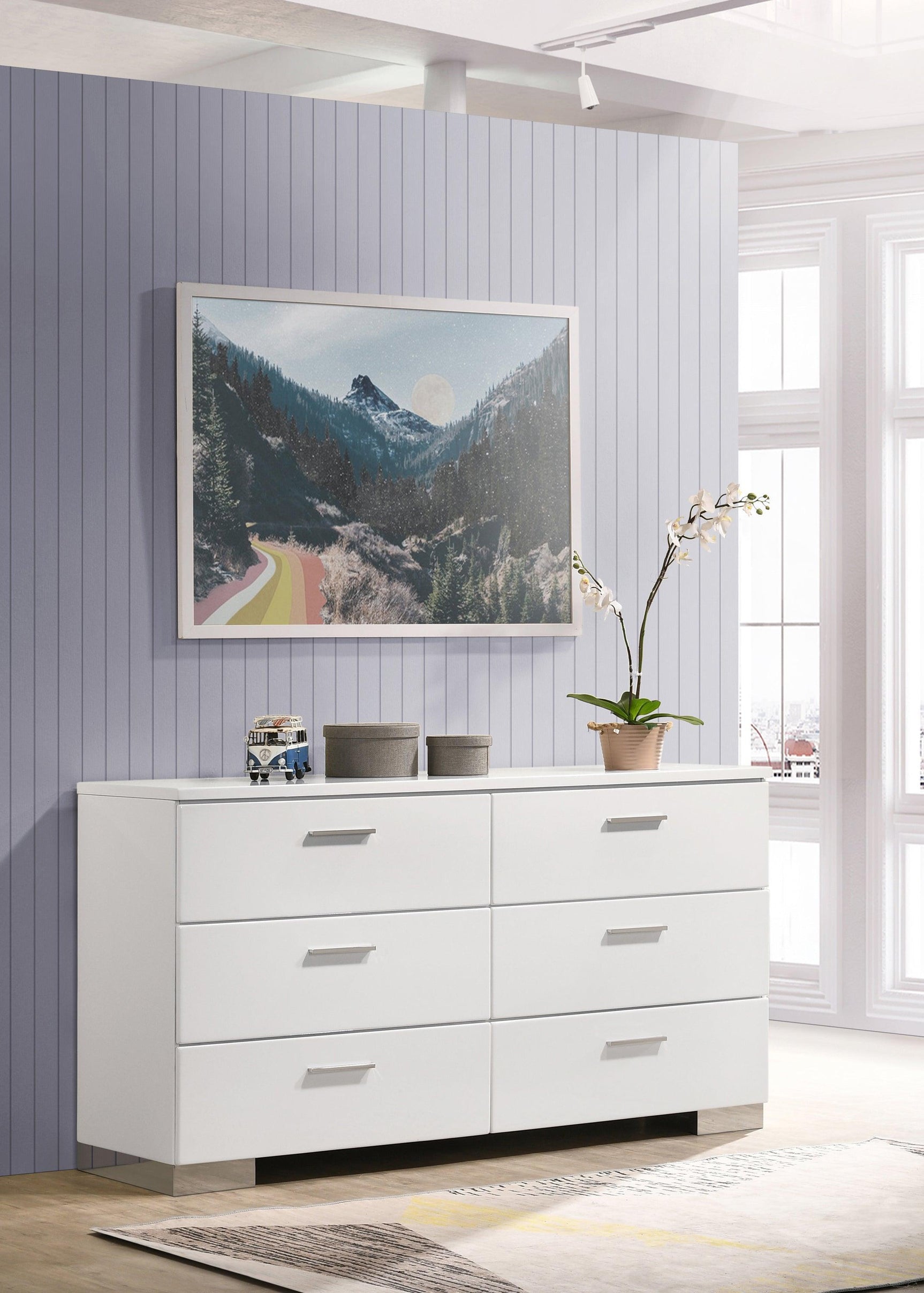 Felicity 9-Drawer Vanity Desk With Lighted Mirror Glossy White - Ella Furniture