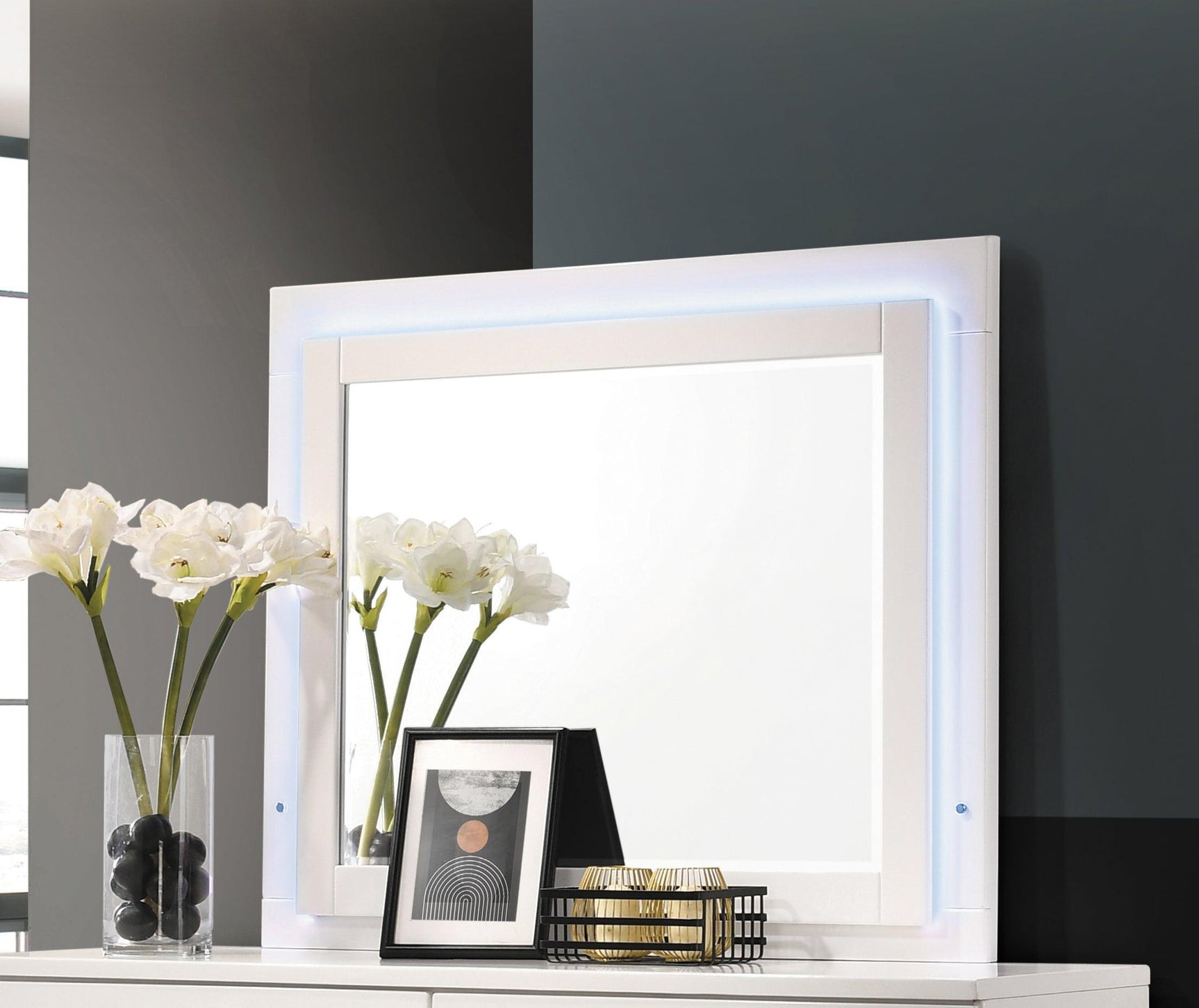 Felicity Eastern King Panel Bed With LED Lighting Glossy White - Ella Furniture