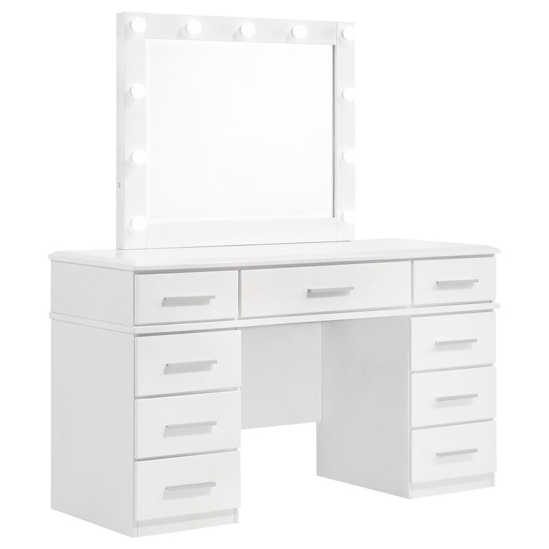 Felicity 9-Drawer Vanity Desk With Lighted Mirror Glossy White - Ella Furniture