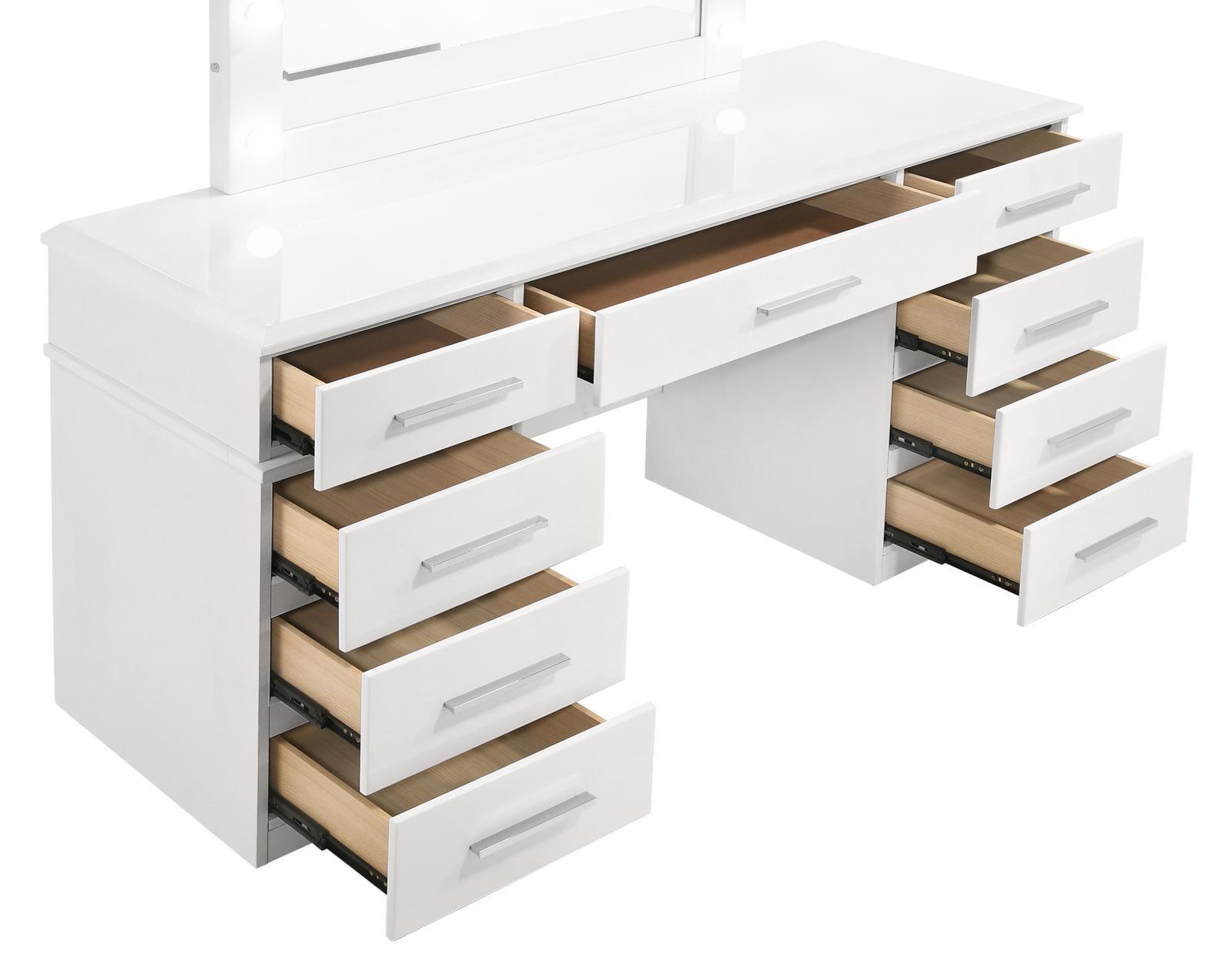Felicity 9-Drawer Vanity Desk With Lighted Mirror Glossy White - Ella Furniture