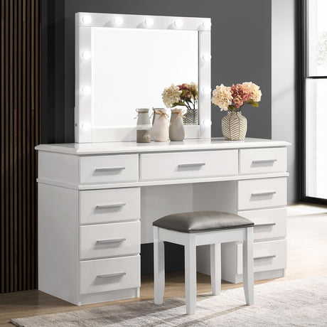 Felicity 9-Drawer Vanity Desk With Lighted Mirror Glossy White - Ella Furniture