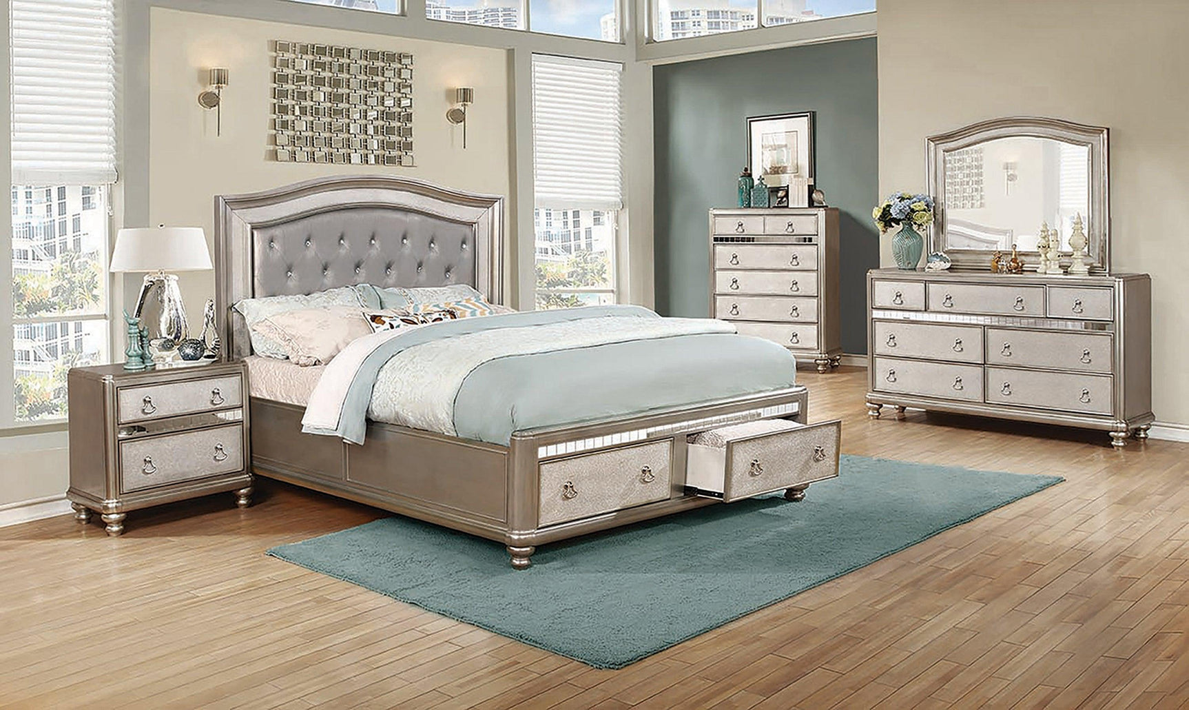 Bling Game Upholstered Storage Eastern King Bed Metallic Platinum - Ella Furniture