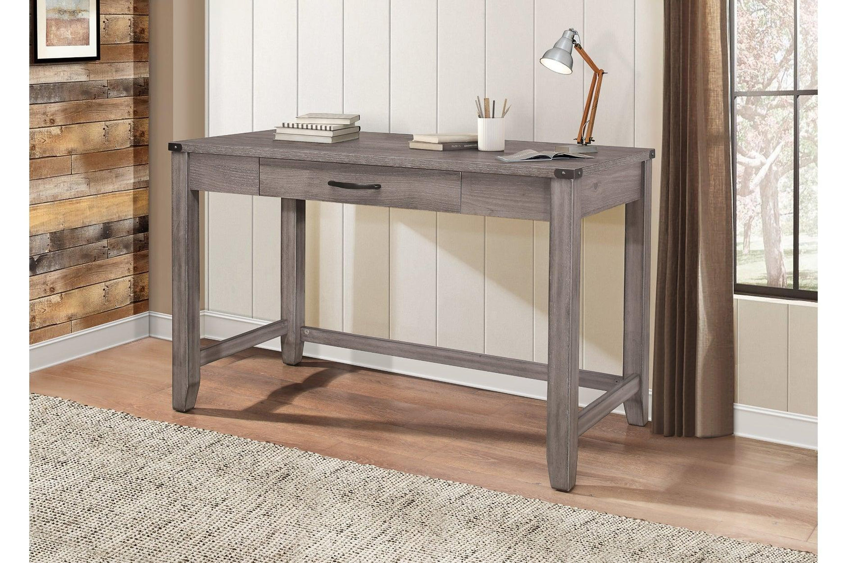 Woodrow Weather Wood Melamine Industrial Weathered Wood Metal Storage Panel Bedroom Set - Ella Furniture