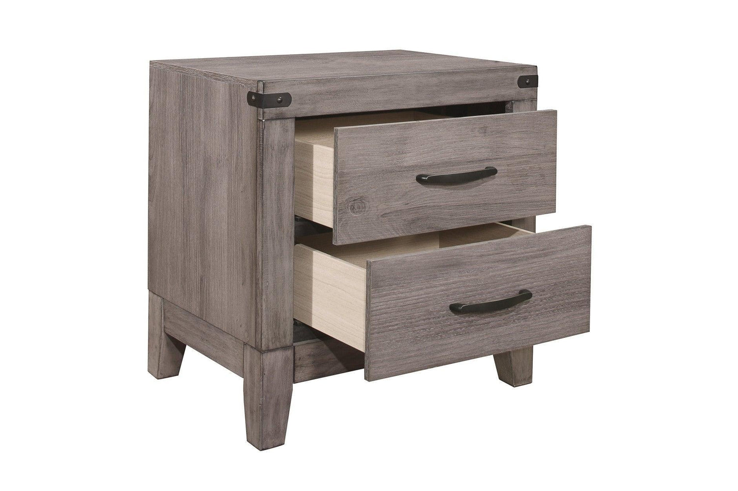 Woodrow Dark Metal Melamine Laminate Weathered Wood Metal Faux Leather Side Pier Bedroom Set - Ella Furniture