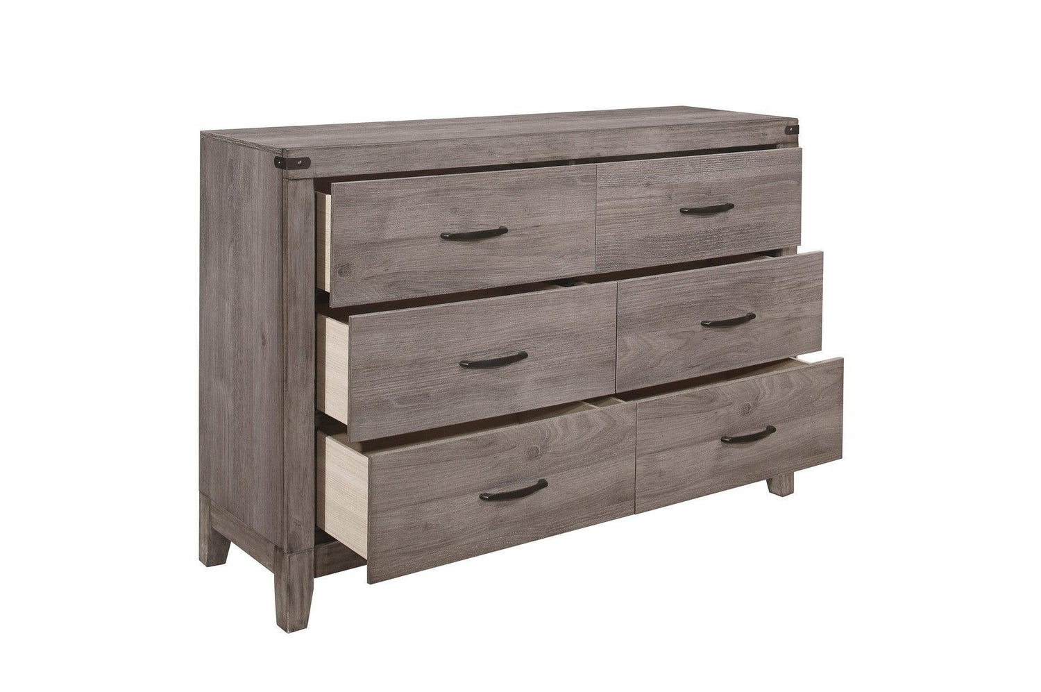 Woodrow Dark Metal Melamine Laminate Weathered Wood Metal Faux Leather Side Pier Bedroom Set - Ella Furniture
