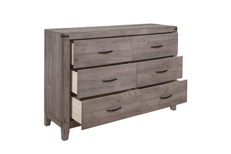 Woodrow Dark Metal Melamine Laminate Weathered Wood Metal Faux Leather Side Pier Bedroom Set - Ella Furniture