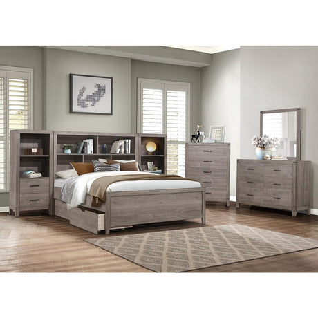 Woodrow Brownish Gray Premium Melamine Board Engineered Wood Youth Queen Platform Bookcase Bed - Ella Furniture