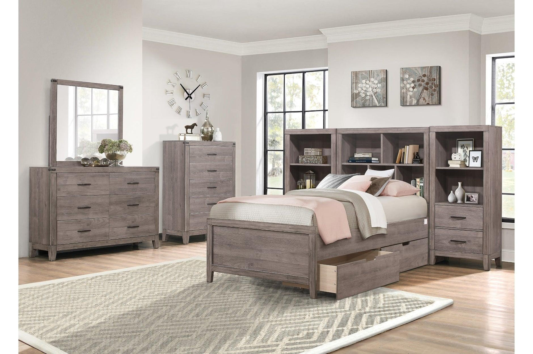 Woodrow Weather Wood Melamine Industrial Weathered Wood Metal Storage Panel Bedroom Set - Ella Furniture