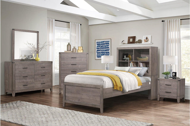 Woodrow Weather Wood Melamine Industrial Weathered Wood Metal Storage Panel Bedroom Set - Ella Furniture
