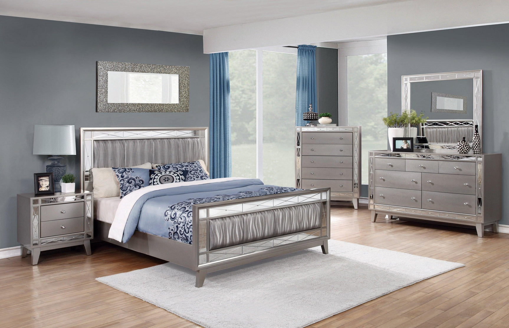 Leighton Eastern King Panel Bed With Mirrored Accents Mercury Metallic - Ella Furniture