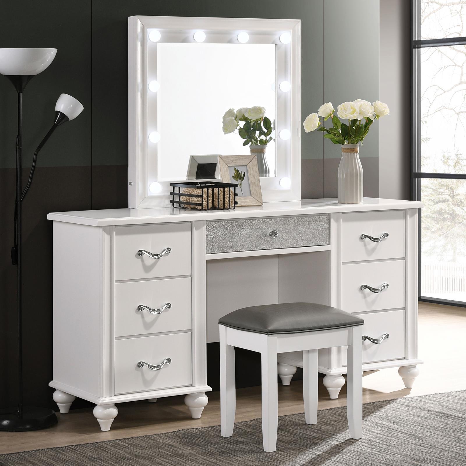 Barzini 7-Drawer Vanity Desk With Lighted Mirror White - Ella Furniture