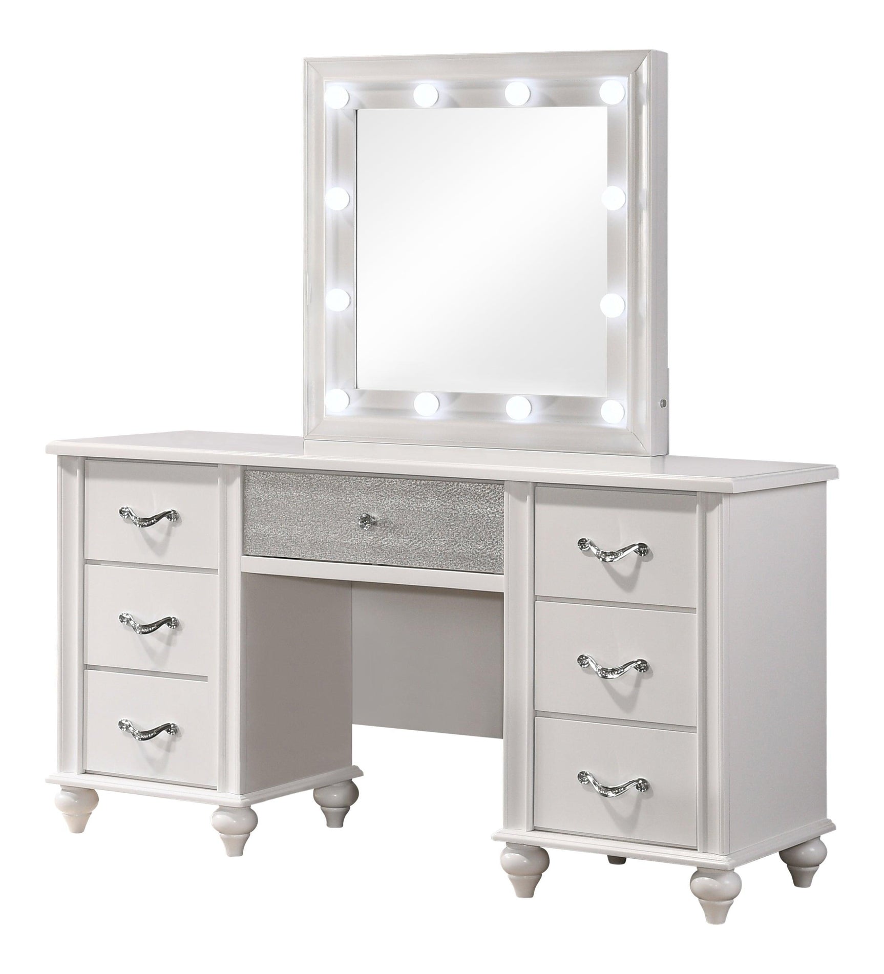 Barzini 7-Drawer Vanity Desk With Lighted Mirror White - Ella Furniture