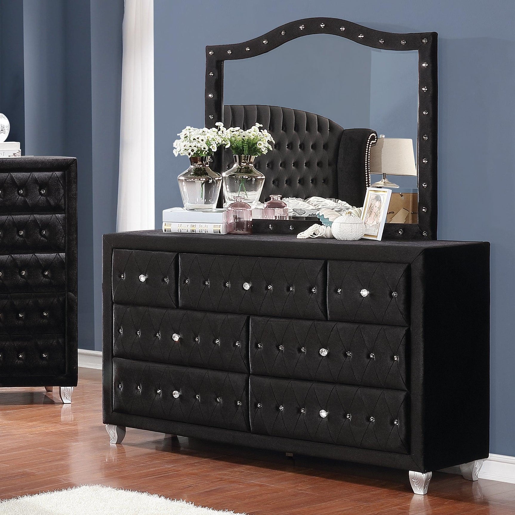 Deanna Button Tufted Mirror Black - Ella Furniture