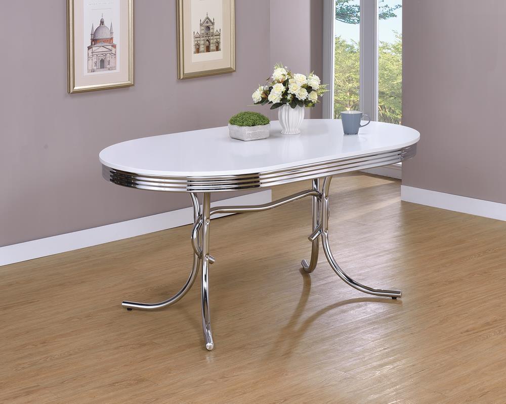 Retro Oval Dining Table Glossy White And Chrome - Ella Furniture